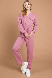Button Up Drawstring Waist Straight Jumpsuit - Muses Of Bohemia