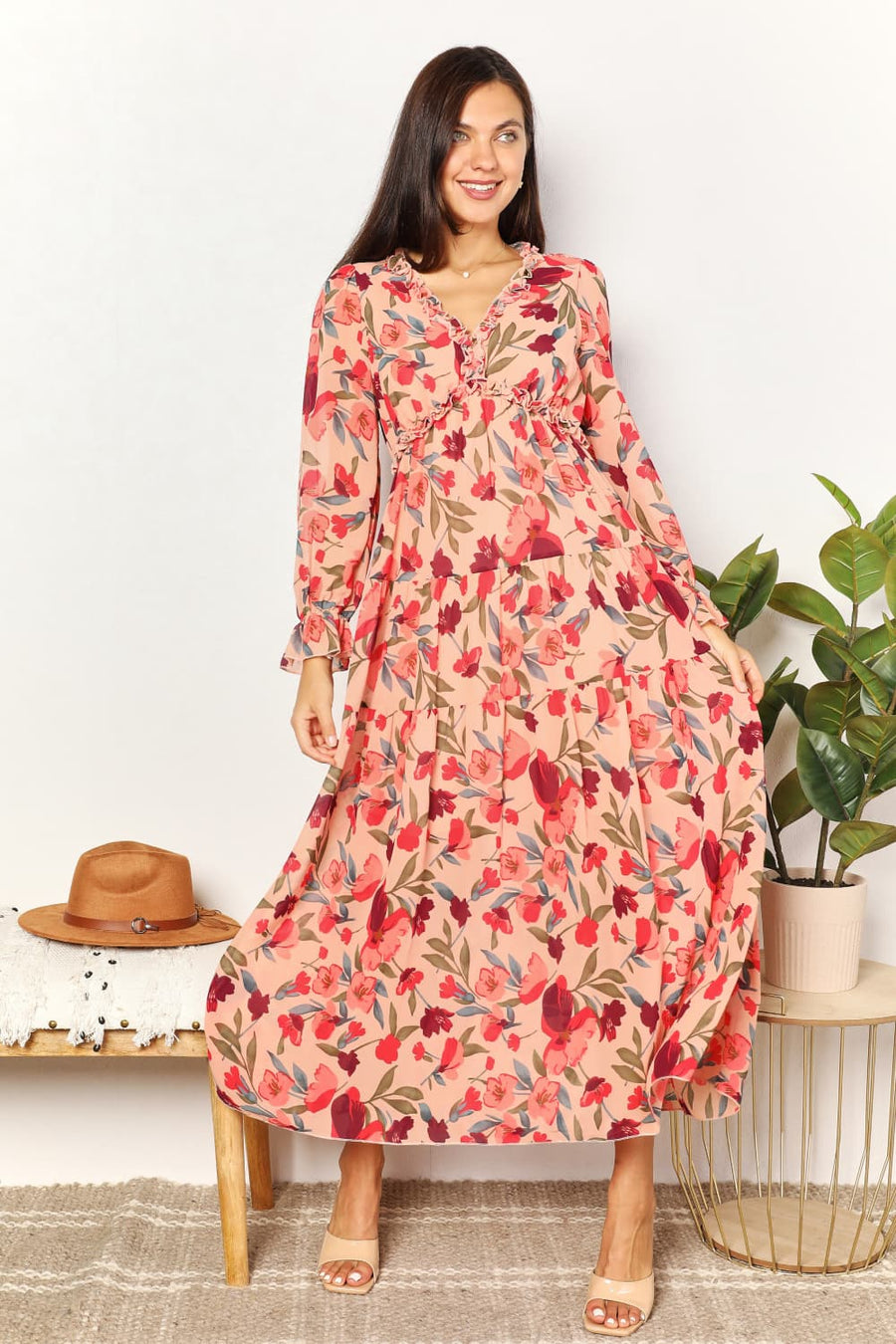 Floral Trim Plunge Maxi Dress