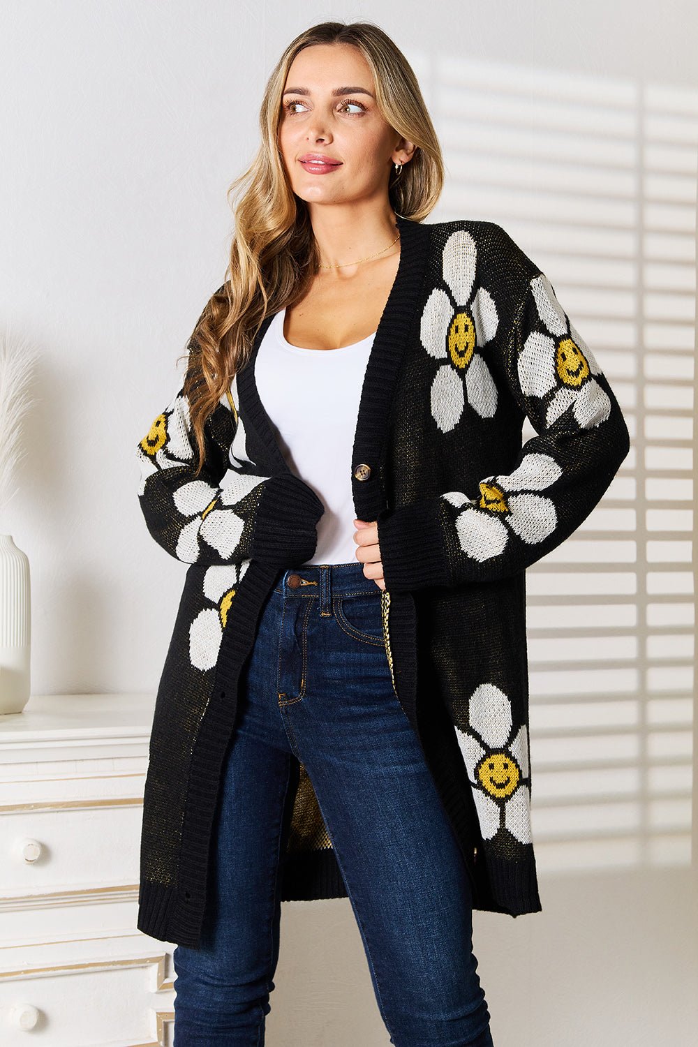 Floral Button Down Longline Cardigan Cardigan Muses Of Bohemia Black S 