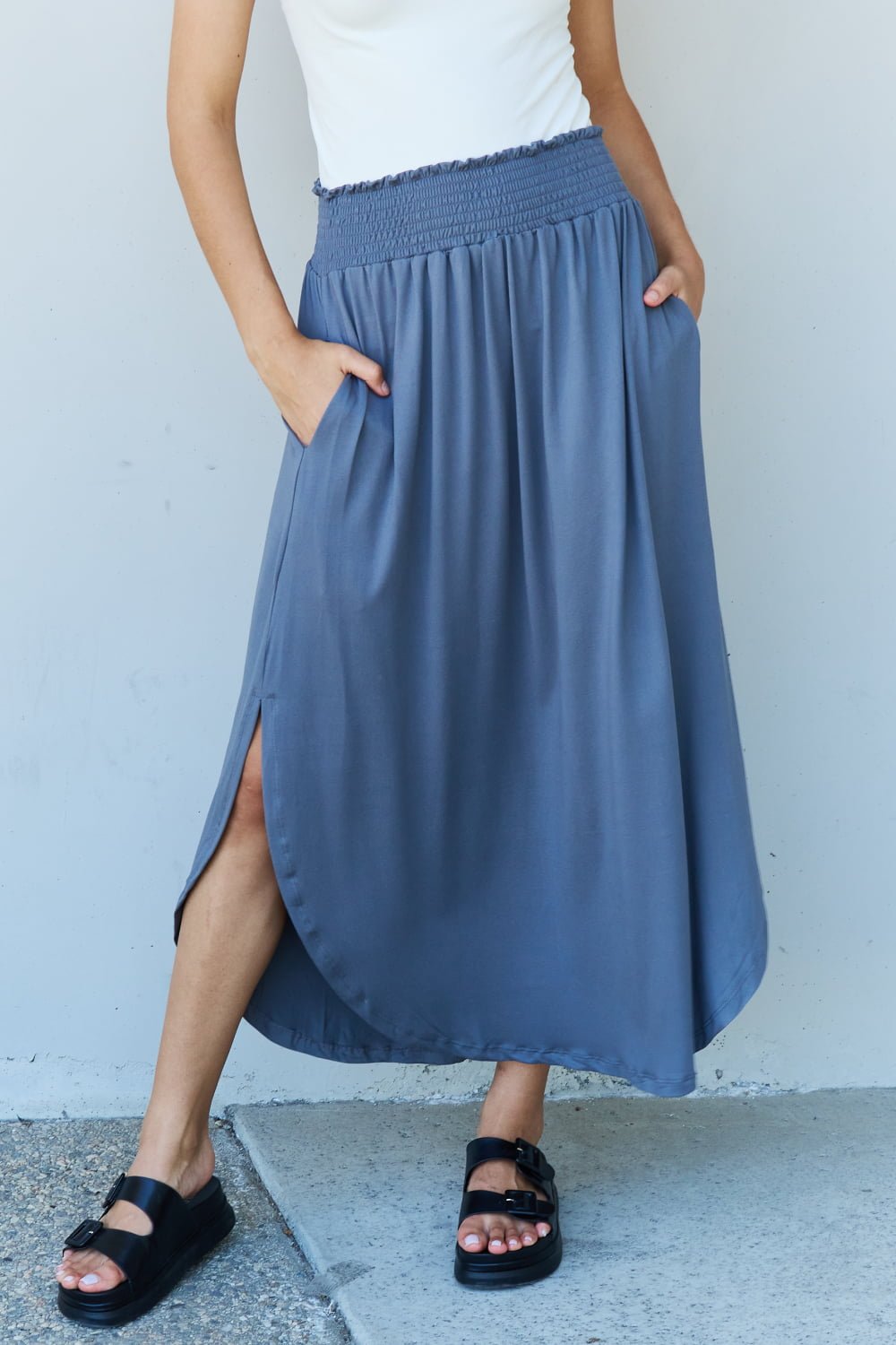 High Waist Scoop Hem Maxi Skirt in Dusty Blue - Muses Of Bohemia