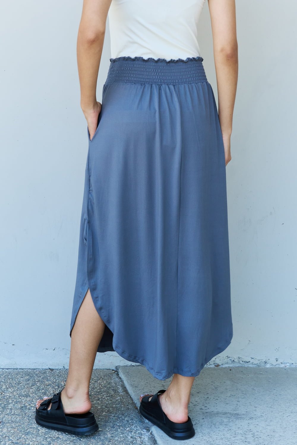 High Waist Scoop Hem Maxi Skirt in Dusty Blue - Muses Of Bohemia