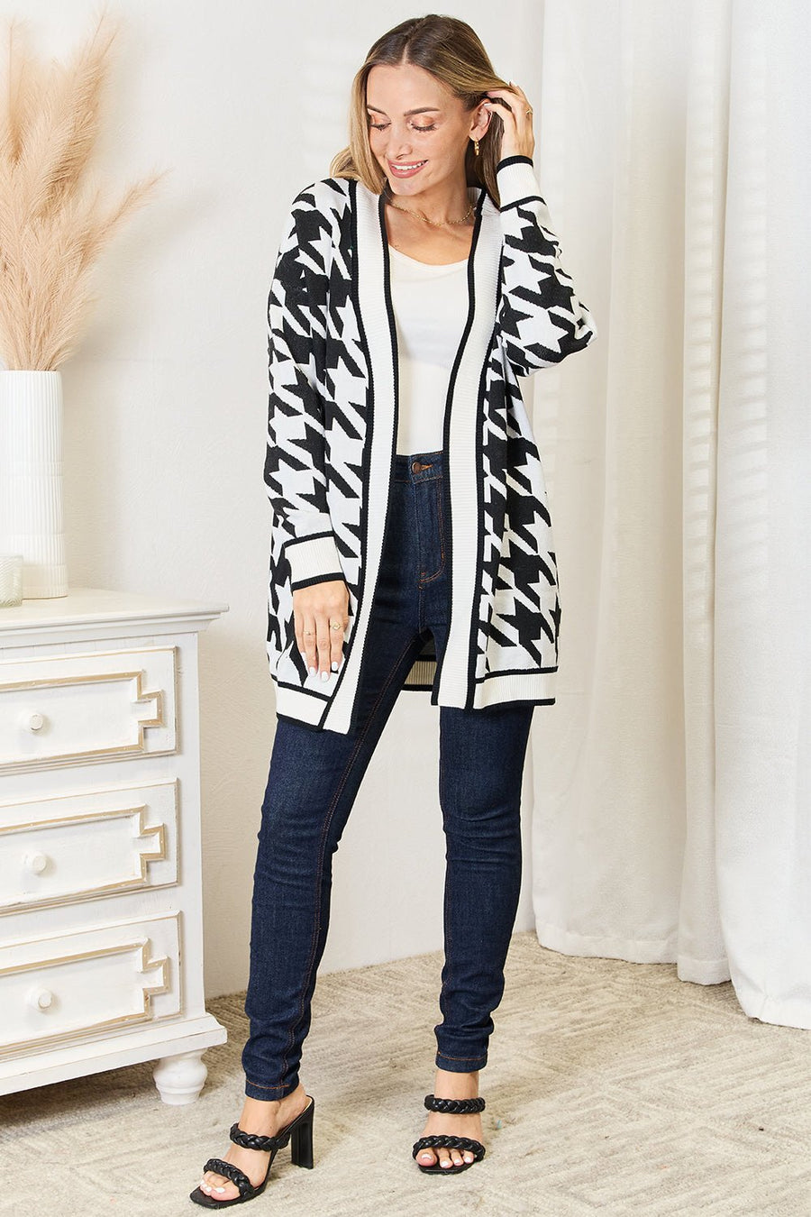 Houndstooth Open Front Longline Cardigan Cardigan Muses Of Bohemia   