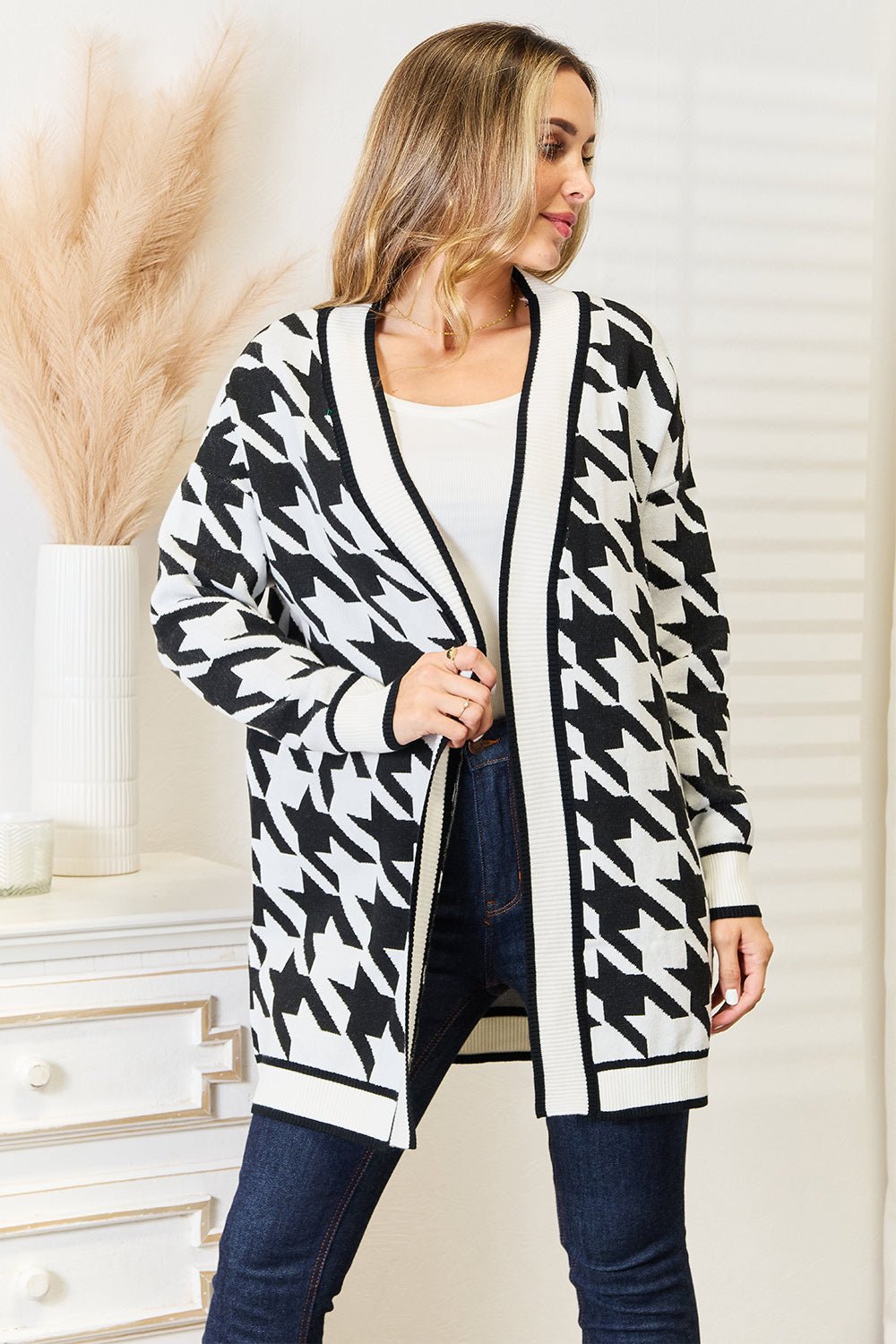 Houndstooth Open Front Longline Cardigan Cardigan Muses Of Bohemia Black S 