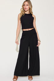 Ribbed Tank and Wide Leg Pants Set Two-Piece Sets Muses Of Bohemia Black S 