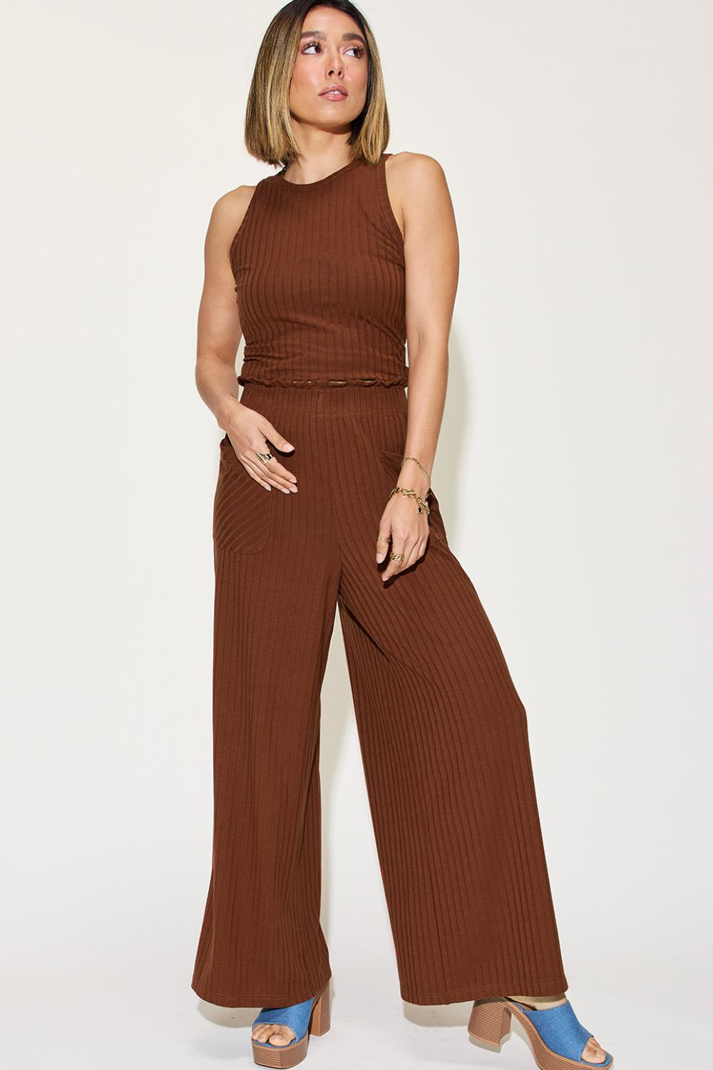 Ribbed Tank and Wide Leg Pants Set Two-Piece Sets Muses Of Bohemia Burnt  Umber S 