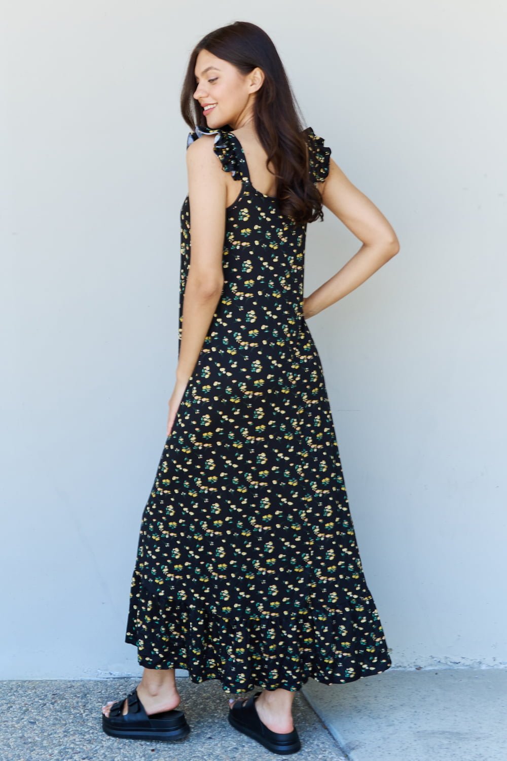 Ruffle Floral Maxi Dress in Black Yellow Floral - Muses Of Bohemia