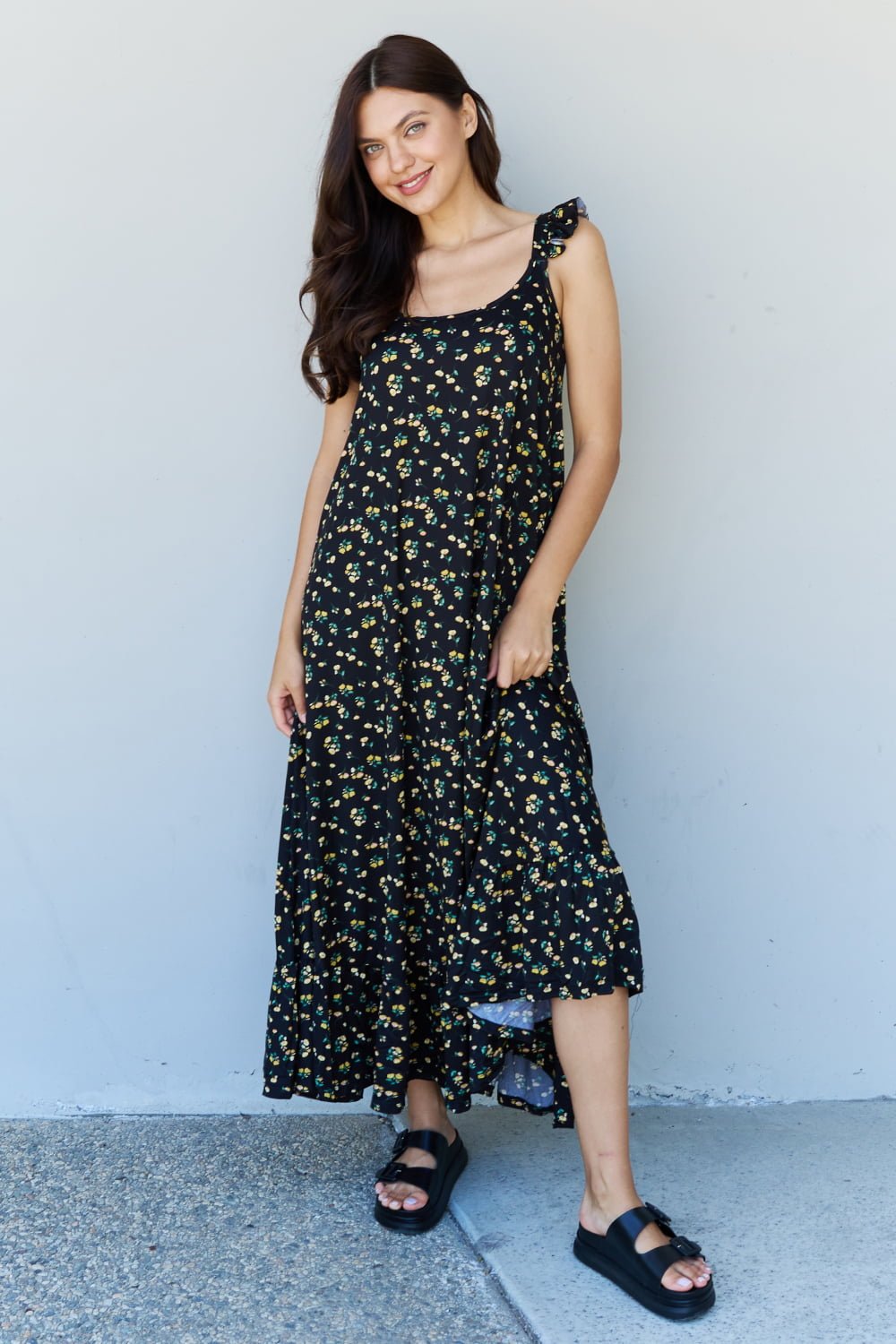 Ruffle Floral Maxi Dress in Black Yellow Floral - Muses Of Bohemia