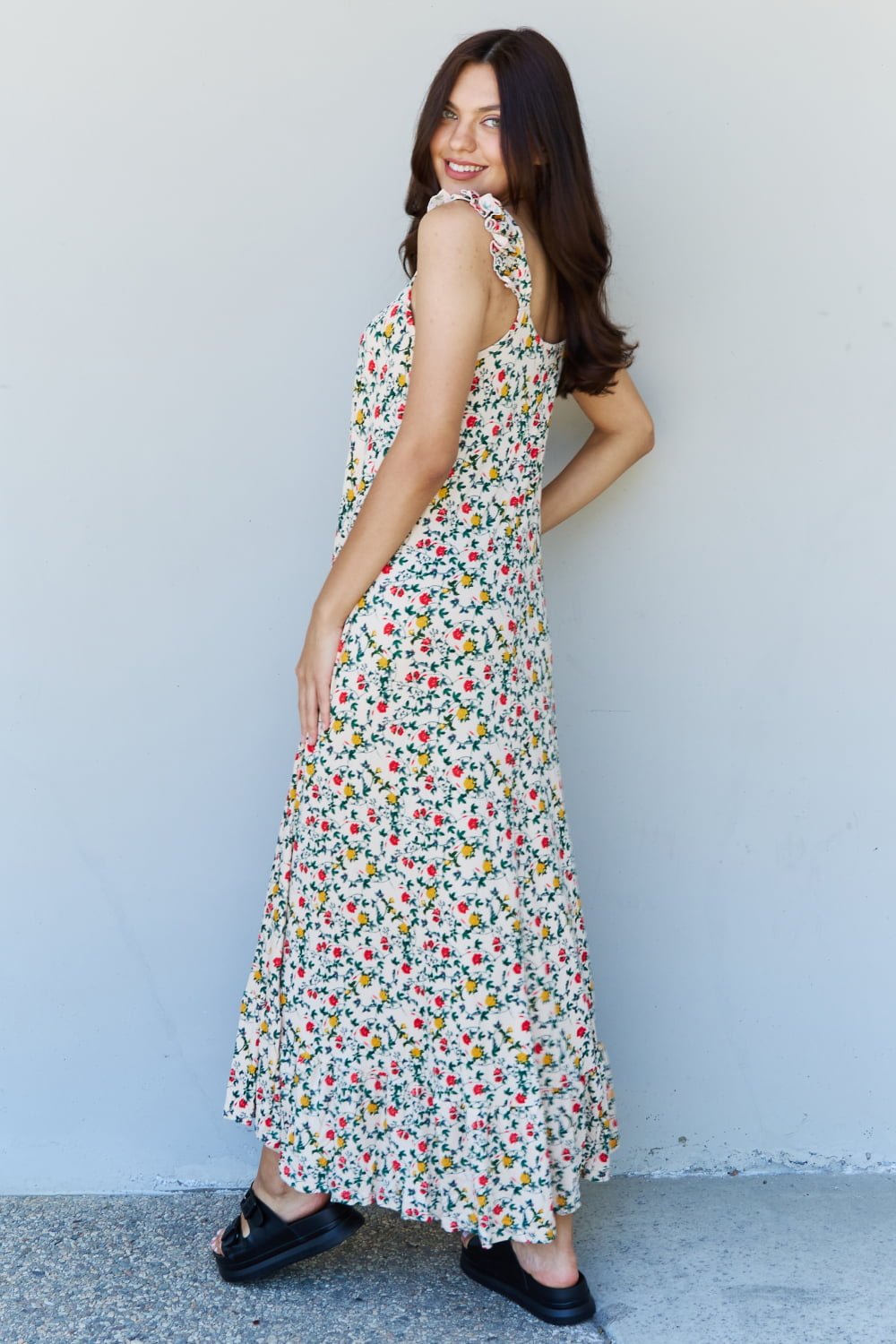 Ruffle Floral Maxi Dress in Natural Rose - Muses Of Bohemia