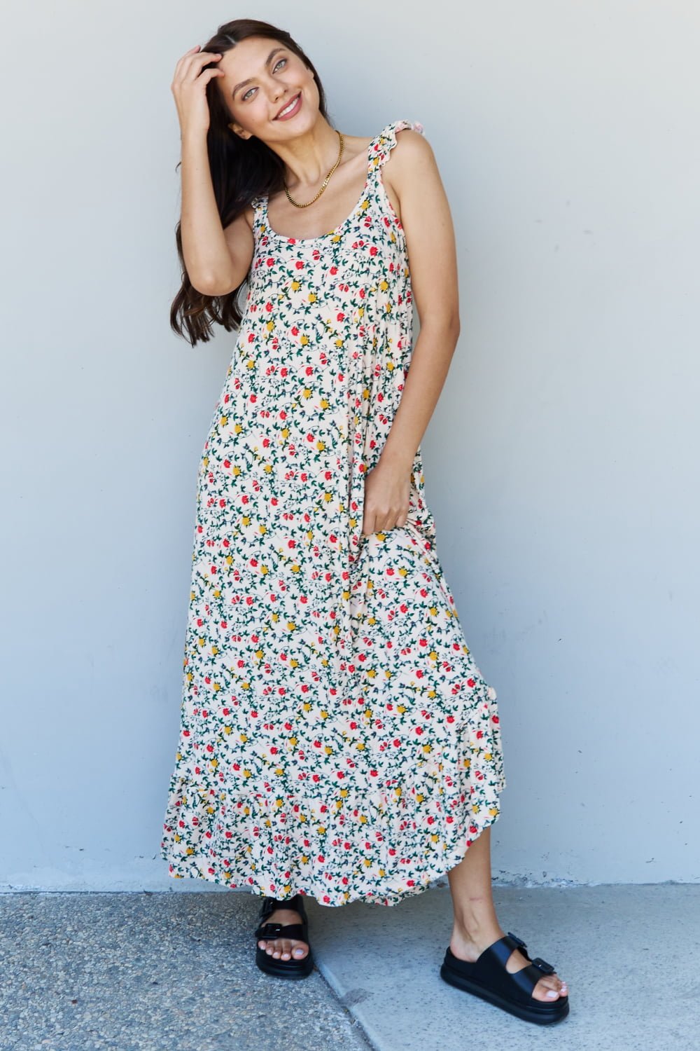 Ruffle Floral Maxi Dress in Natural Rose - Muses Of Bohemia