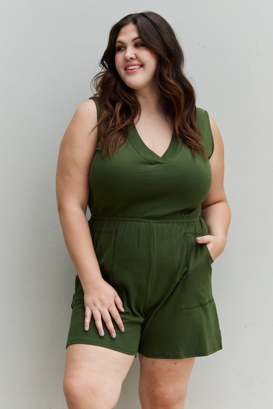 V-Neck Sleeveless Romper in Army Green - Muses Of Bohemia