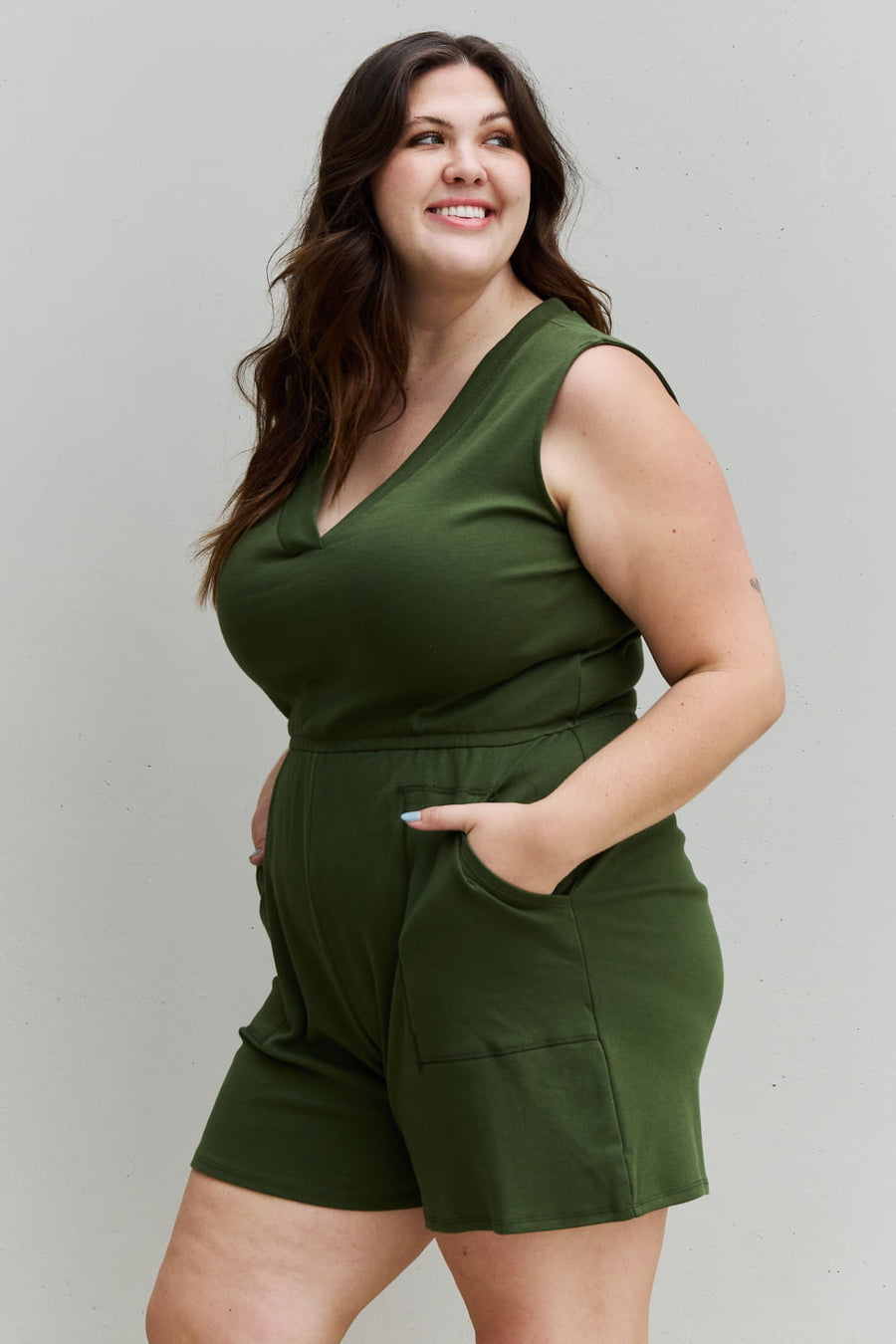 V-Neck Sleeveless Romper in Army Green - Muses Of Bohemia